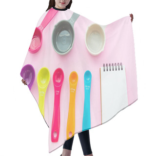 Personality  Set Of Sweet Pastel Measuring Spoons, Measuring Cups And Notepad On Pink Background In Top View Shot Hair Cutting Cape