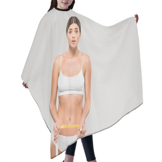 Personality  Shocked Beautiful Slim Woman In Underwear Holding Measuring Tape Isolated On Grey Hair Cutting Cape