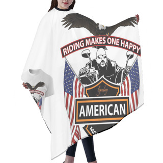 Personality  Motorcyclist T-shirt Design With Slogan - Colored Illustration With Bald Eagle And American Flags Isolated On White Background, Vector Hair Cutting Cape