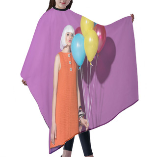 Personality  Sensual Young Woman In White Wig Holding Air Balloons On Purple Background Hair Cutting Cape