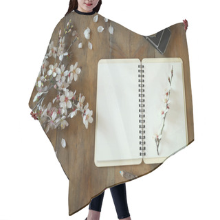 Personality  Top View Image Of Spring White Cherry Blossoms Tree, Open Blank Notebook, Old Camera On Blue Wooden Table Hair Cutting Cape