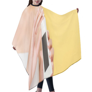 Personality  Cropped View Of Woman Holding Hand Cream Isolated On Yellow, Panoramic Shot Hair Cutting Cape
