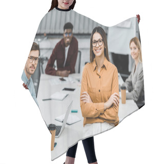Personality  Multiracial Young Businesspeople Looking At Camera In Office Hair Cutting Cape