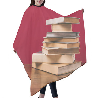 Personality  Floor With Stack Of Different Books On Red Hair Cutting Cape