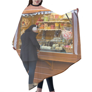 Personality  Brunette Woman Buying Candy At A Kiosk Hair Cutting Cape