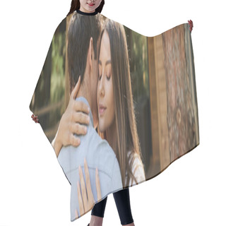 Personality  Young Woman With Closed Eyes Embracing Brunette Boyfriend Near Vacation House Outdoors, Banner Hair Cutting Cape