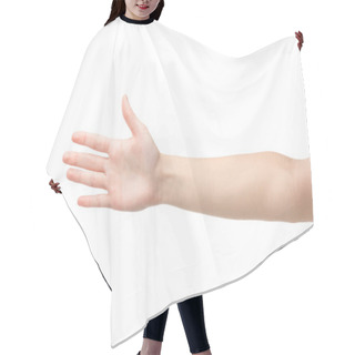 Personality  Cropped View Of Woman Showing Palm Isolated On White Hair Cutting Cape