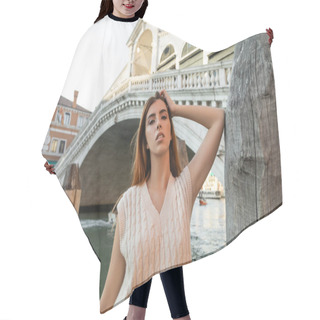 Personality  Redhead Woman Looking At Camera Near Wooden Piling And Rialto Bridge In Venice Hair Cutting Cape