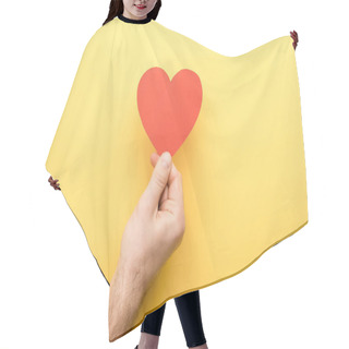 Personality  Cropped View Of Man Holding Heart-shaped Card On Yellow Background  Hair Cutting Cape