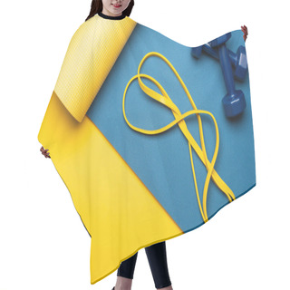 Personality  Top View Of Blue Fitness Mat With Dumbbells And Resistance Band On Yellow Background Hair Cutting Cape