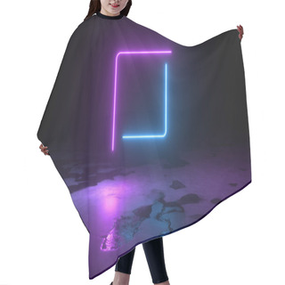 Personality  3d Abstract Background Render, Pink Blue Neon Light Fly On The Ground, Retrowave And Synthwave Illustration. Hair Cutting Cape