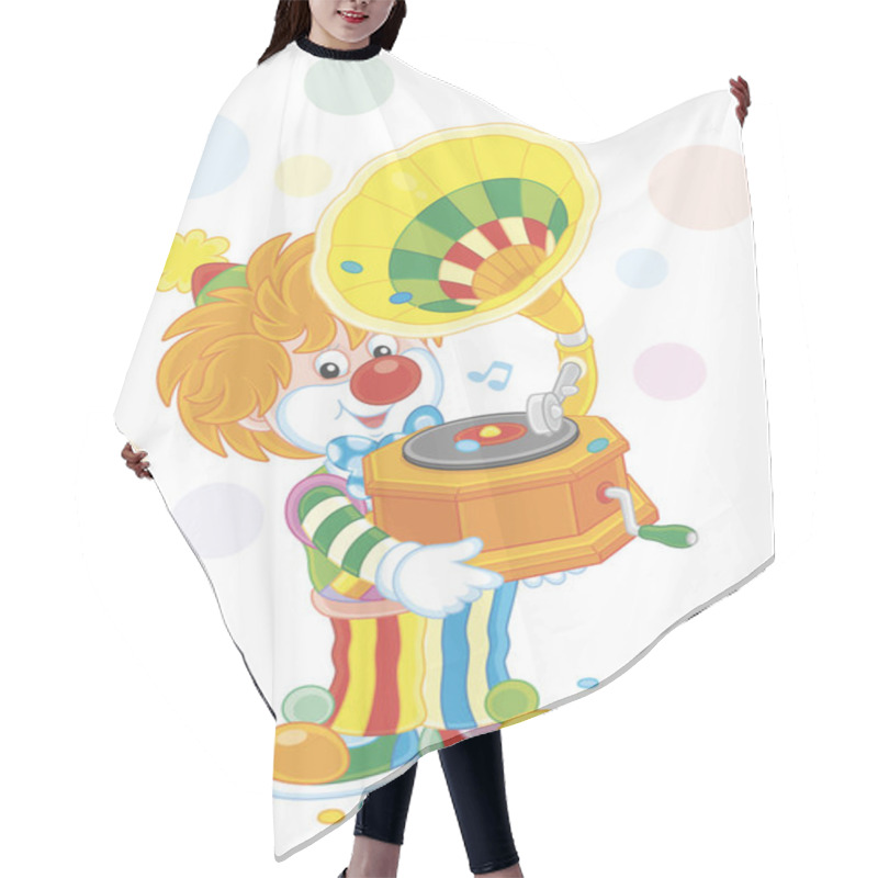 Personality  Friendly Smiling Circus Clown Listening Music From His Old Gramophone, A Vector Illustration In A Cartoon Style Hair Cutting Cape
