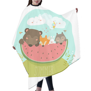 Personality  Cute Animals Eating Watermelon Slice. Hello Summer Hair Cutting Cape