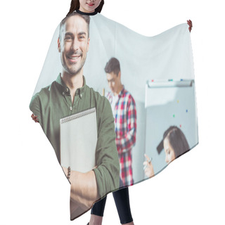Personality  Handsome Smiling Student With Notebook  Hair Cutting Cape