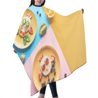 Personality  Top View Of Plates With Fancy Animals Made Of Food For Childrens Breakfast On Blue, Yellow And Pink Background Hair Cutting Cape