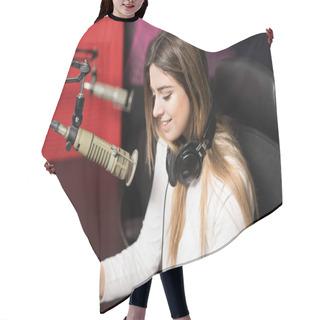 Personality  Portrait Of Young Female Radio Host At Radio Station With Headphones And Microphone Hair Cutting Cape