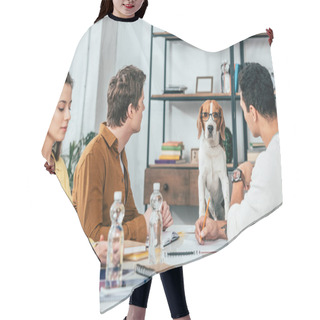 Personality  Three Students With Notebooks Sitting At Desk And Looking At Beagle Dog In Glasses Hair Cutting Cape