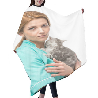 Personality  Serious Veterinarian Holding Kitten And Looking At Camera Isolated On White  Hair Cutting Cape