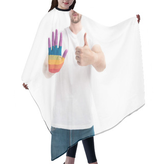 Personality  Cropped Image Of Homosexual Man With Hand Painted In Rainbow Showing Thumb Up Isolated On White Hair Cutting Cape