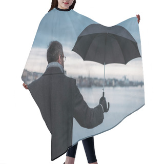 Personality  Back View Of Lonely Man With Umbrella Standing On Bridge Hair Cutting Cape