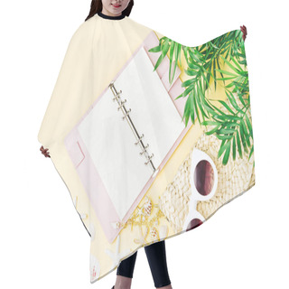 Personality  Tropical Leaves, Beach Bag With Sunglasses, Notebook And Seashells On Yellow  Background. Hair Cutting Cape