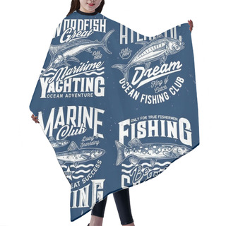 Personality  Ocean Fishing And Yachting Club T-shirt Print. Swordfish Or Marlin, Tuna Fish And Sprat, Northern Pike Engraved Vector. Fishing Sport Clothing Print Design Template With Trophy Catch Hair Cutting Cape