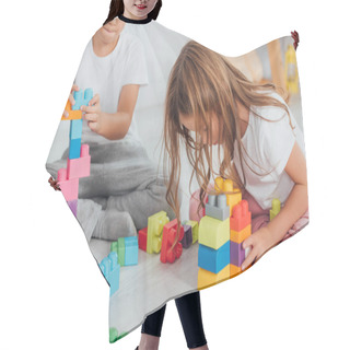 Personality  Cropped View Of Boy Playing With Building Blocks Near Sister While Sitting On Floor In Pajamas Hair Cutting Cape