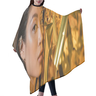 Personality  Portrait Of Alluring Asian Young Woman With Wet Short Hair And Ear Cuff Posing Next To Shiny Yellow Background, Model, Looking At Camera, Wrinkled Golden Foil, Natural Beauty, Banner  Hair Cutting Cape