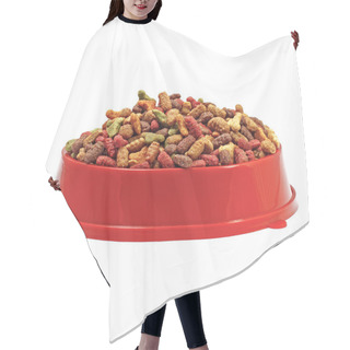 Personality  Multicolored Dry Cat Or Dog Food In Red Bowl Isolated On White Hair Cutting Cape