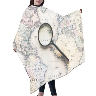 Personality  Top View Of Magnifying Glass On World Map Over Atlantic Ocean Hair Cutting Cape
