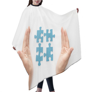 Personality  Cropped View Of Woman Hands Near Pieces Of Blue Jigsaw Puzzle On White Background Hair Cutting Cape