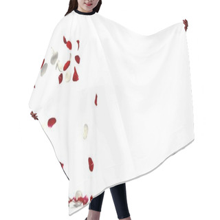 Personality  Red And White Rose Petals Fly From The Side And Fall To The Floor. On The Right Is A Free Space For Your Design. Valentine's Day. Postcard. Calendar. Isolated White Background Hair Cutting Cape