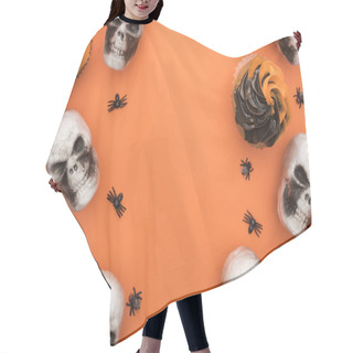 Personality  Top View Of Tasty Halloween Cupcakes With Spiders And Skulls On Orange Background With Copy Space Hair Cutting Cape