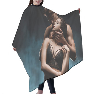 Personality  Sensual Couple Hugging In Black Room With Smoke Hair Cutting Cape