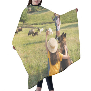 Personality  Girl With Cattle Dog Waving Hand To Happy Parents Herding Livestock In Green Pasture Hair Cutting Cape