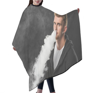 Personality  Young Bearded Man Exhaling Smoke Of Electronic Cigarette Surrounded By Clouds Of Steam Hair Cutting Cape