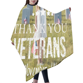 Personality  Cropped View Of Kid In White Dress Standing On Graveyard With American Flag With Thank You Veterans Illustration Hair Cutting Cape