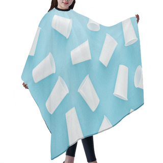 Personality  Top View Of White And Plastic Cups On Blue Background  Hair Cutting Cape