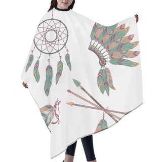Personality  Vector Ethnic Set: Dream Catcher, Feathers, Arrows, Headdress Hair Cutting Cape