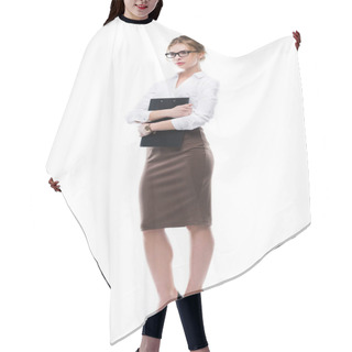 Personality  Attractive Businesswoman Holding Clipboard Hair Cutting Cape