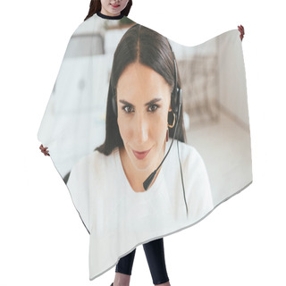 Personality  Selective Focus Of Attractive Broker In Headset Working In Call Center  Hair Cutting Cape