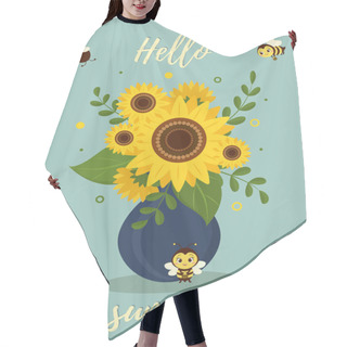 Personality  Postcard Bouquet Of Sunflowers In A Blue Vase And Four Cute Bees On A Green Background. Vector Illustration, Cartoon Style. Hair Cutting Cape