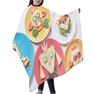 Personality  Top View Pf Plates With Fancy Animals And Rocket Made Of Food For Childrens Breakfast On White Background Hair Cutting Cape