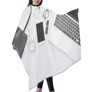 Personality  Top View Of Gadgets, Bag, Perfume, Glasses, Earphones, Decorative Cosmetics Hair Cutting Cape