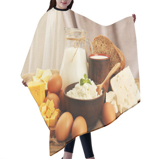 Personality  Tasty Dairy Products With Bread On Table On Fabric Background Hair Cutting Cape