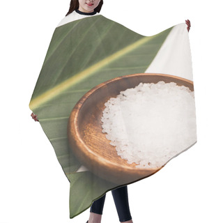 Personality  Close Up View Of Sea Salt In Wooden Bowl, And Green Leaves On White Background Hair Cutting Cape