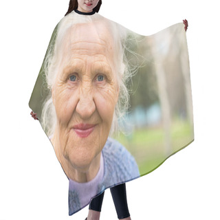 Personality  Portrait Smiling Elderly Woman Hair Cutting Cape