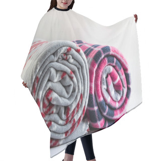 Personality  Rolled-up Two Different Color And Size Fleece Blankets On The White Background,close Taken. Hair Cutting Cape