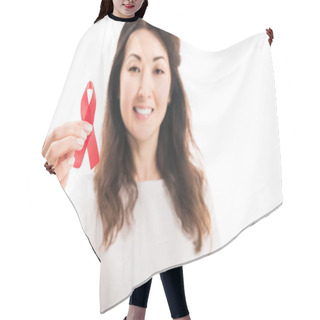 Personality  Close-up Portrait Of Happy Adult Asian Woman Holding Aids Awareness Red Ribbon Isolated On White Hair Cutting Cape
