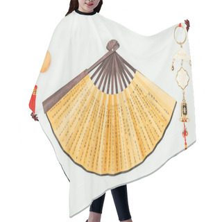 Personality  Top View Of Traditional Chinese Handheld Fan With Talismans Isolated On White Hair Cutting Cape
